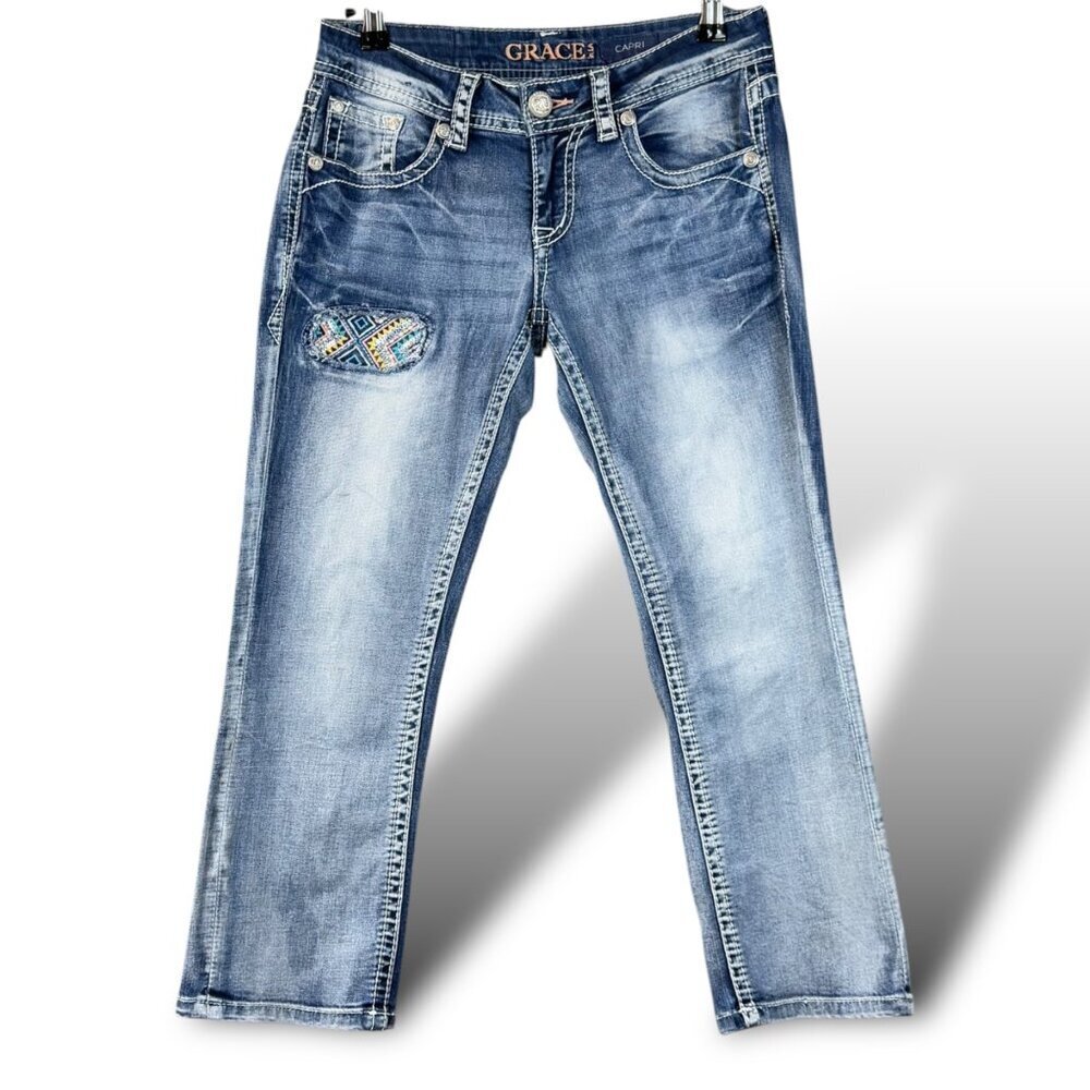 Grace In LA Capri Jeans Womens Sz 26 Blue Embroidered Pockets Distressed Denim
